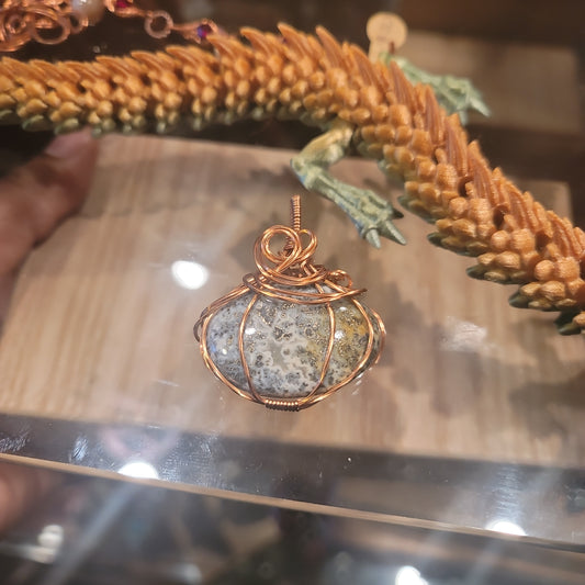 Dendritic Pyrite and copper wire pumpkin pendant