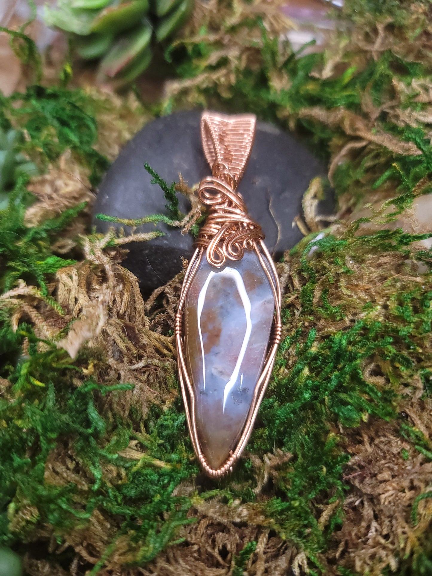 Red Plume Agate & Copper 2ire Wrapped Pendant