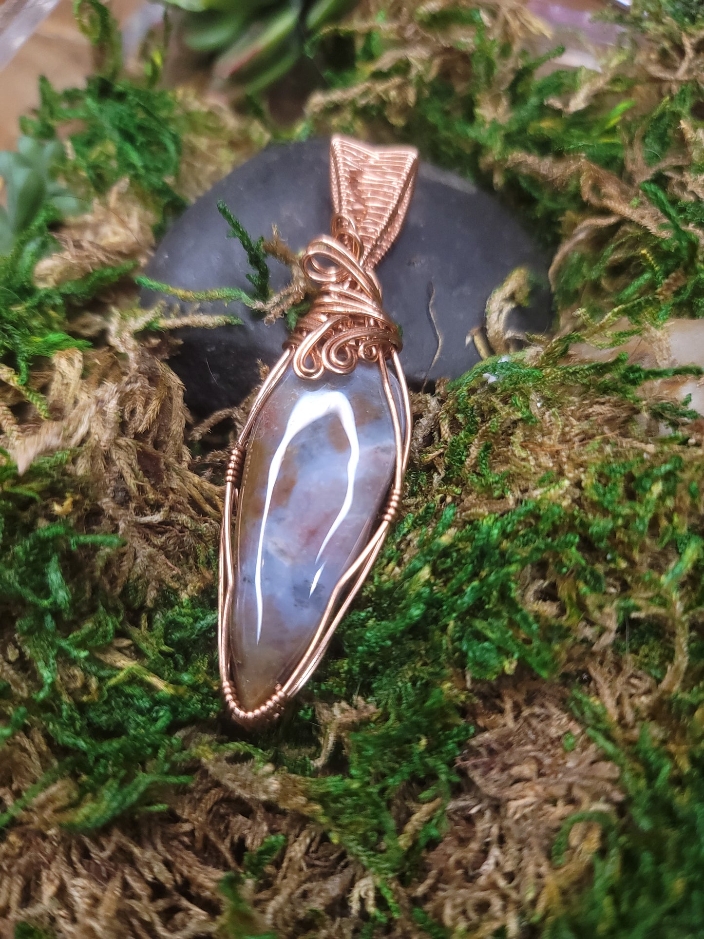 Red Plume Agate & Copper 2ire Wrapped Pendant